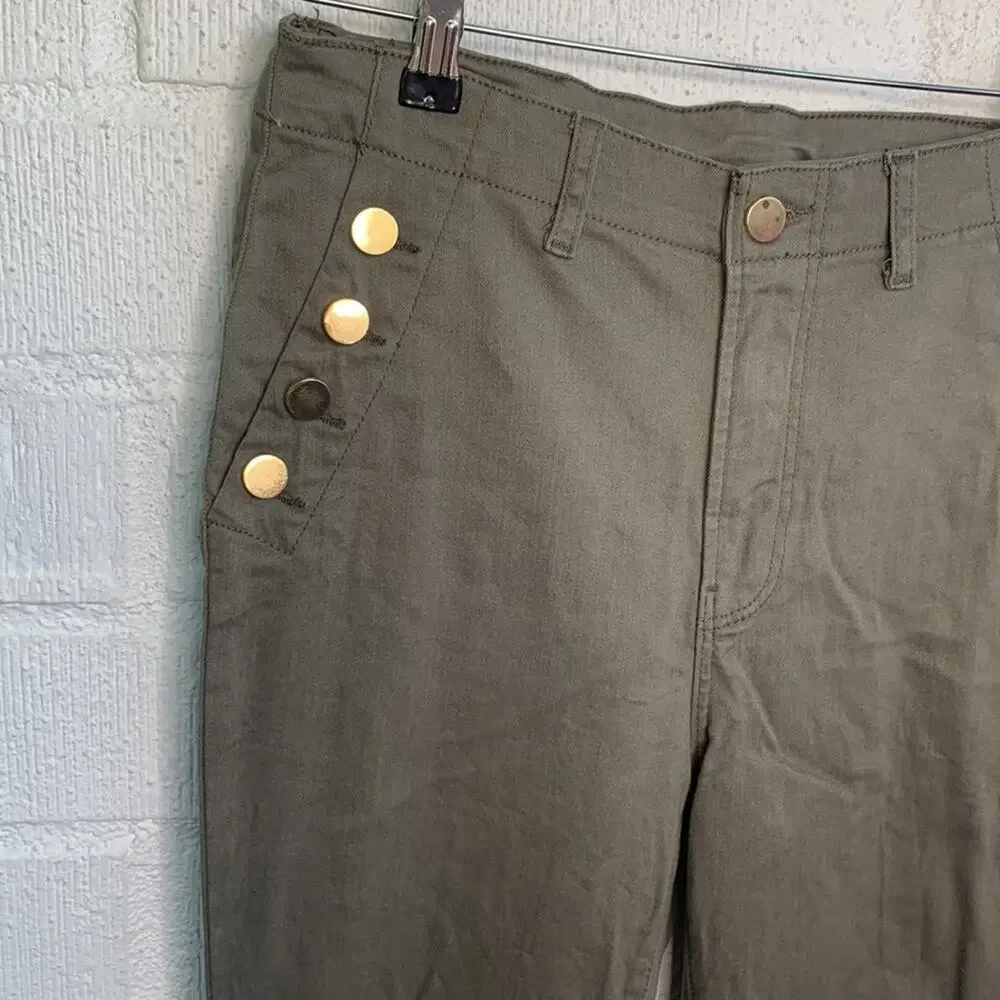 Lascana High Waist Green Stretch Khaki Gold Button Pants sz 8